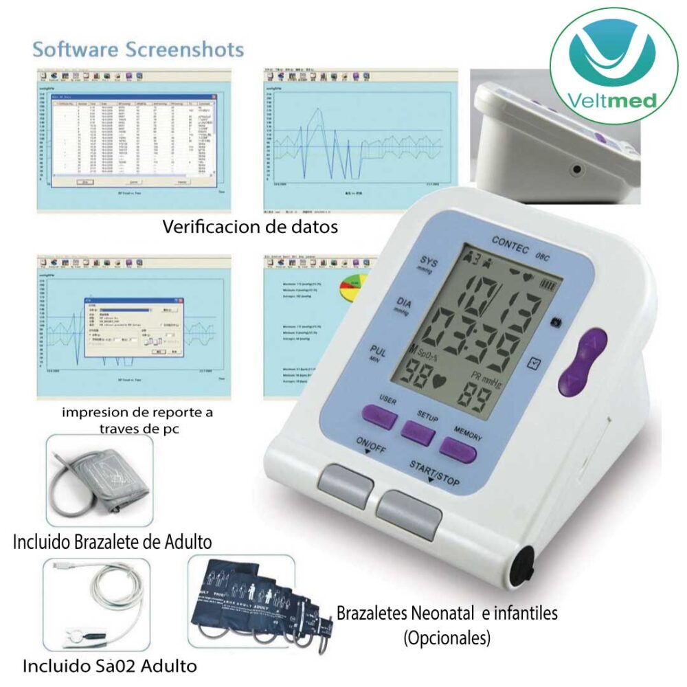 Monitor Contec08C Digital-monitor automático de presión arterial + manguito  adulto + sonda SPO2. 3 parametros. – Veltmed